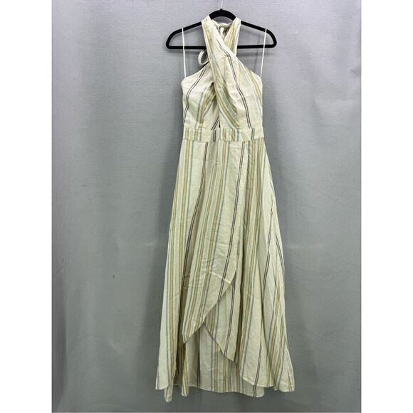 Happy X Nature Womens Cream Striped Linen Cutout Tide Halter Maxi Dress Size 4 - Picture 2 of 12